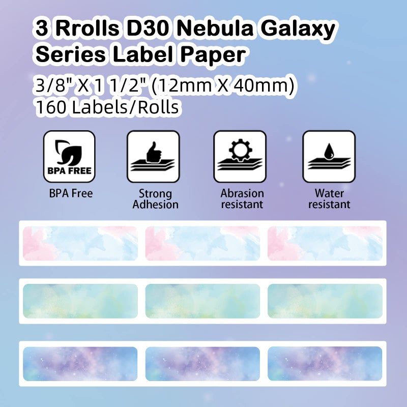 Memoqueen Phomemo D30 Labels Adhesive Nebula/Galaxy Series Pattern Paper 3/8 "" X 1 1/2 "" (12mm X 40mm) D30 Label Maker Tape for Gift  Christmas  New Year Decoration  160 Labels/Roll  3 Roll - Image 2